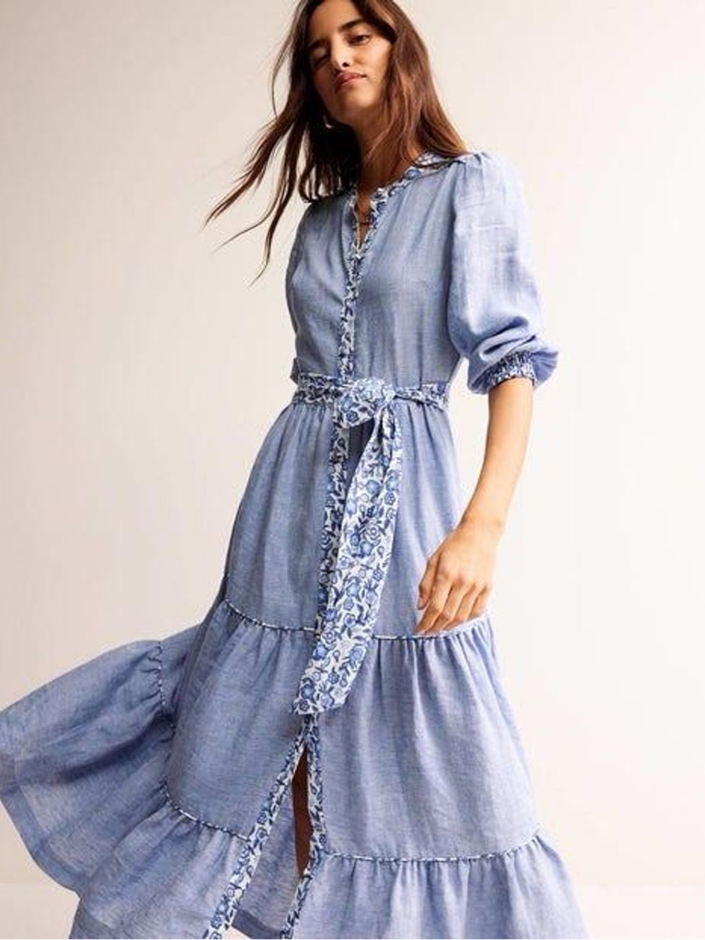 Boden Light Blue Floral-Trim Midi Dress - Picture 2 of 13